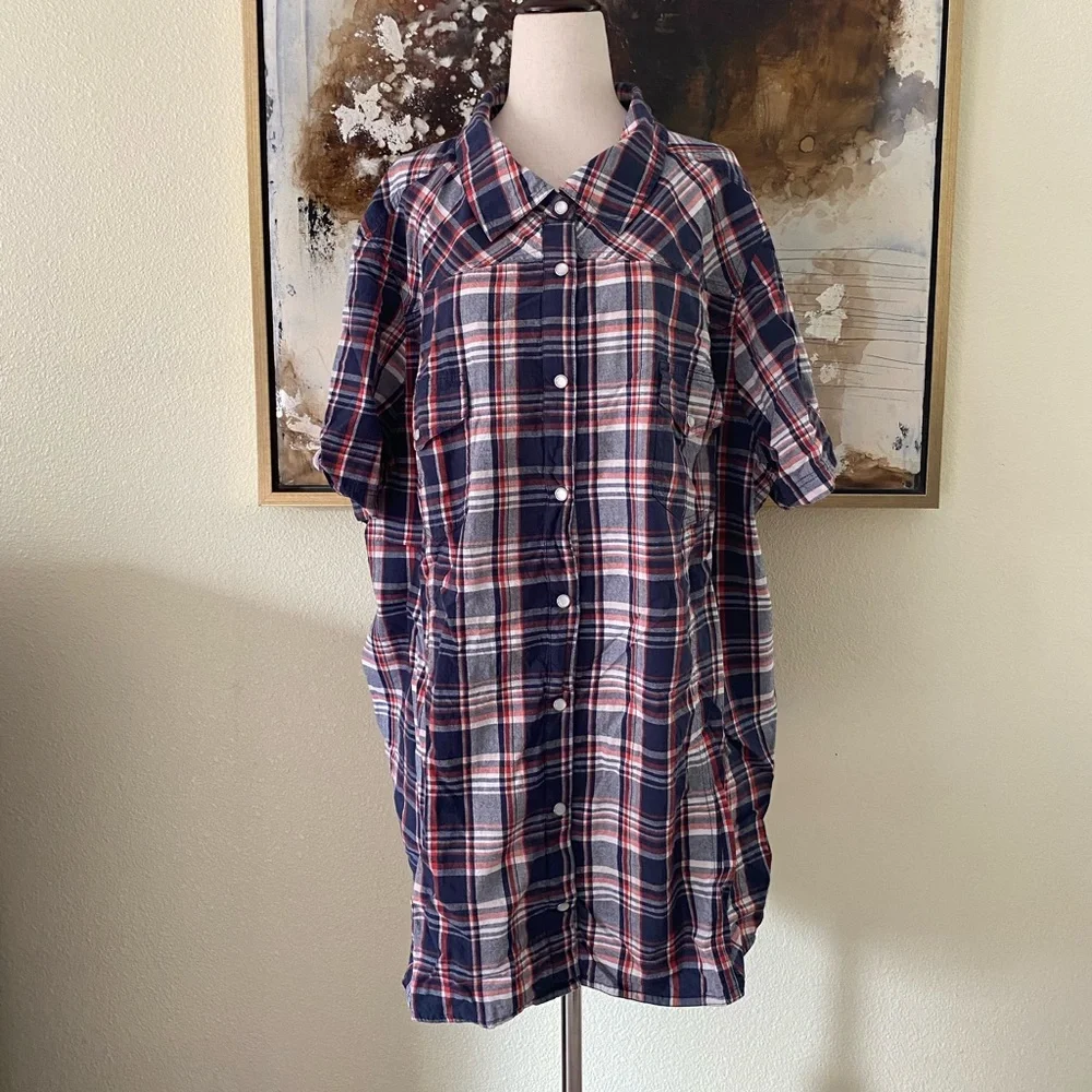 Ellos short sleeve plaid button down top size 3X 100% cotton- - Picture 1 of 7